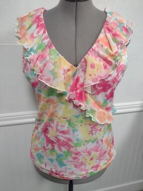 Chaps Floral Ruffle V-Neck Tank Top - Pink Multi